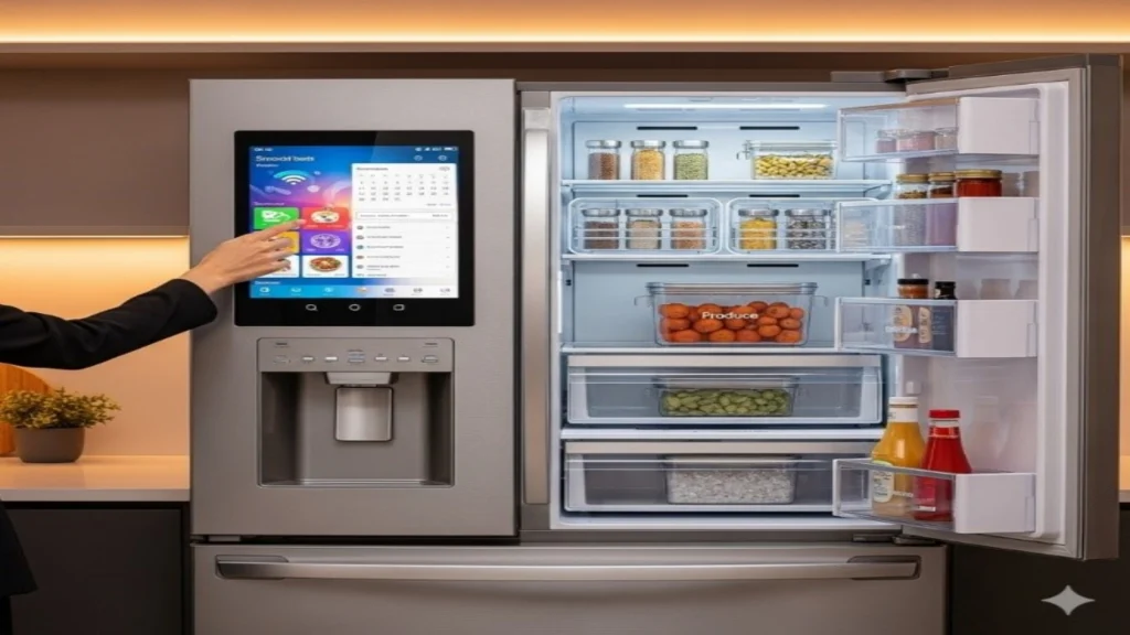 Connected refrigerator with touch screen and storage options