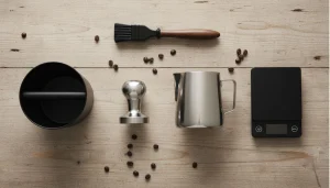 Flat lay of essential espresso machine accessories