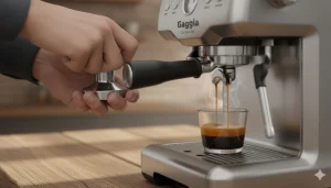 Barista brewing espresso at home using a portafilter