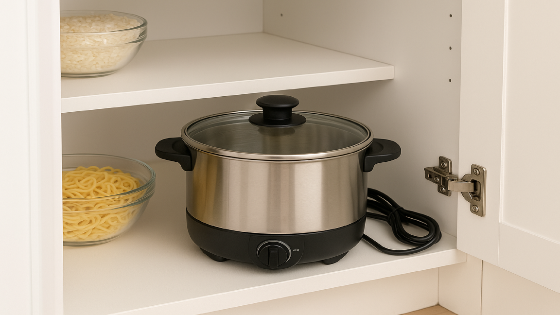 Electric hot pot stored neatly inside a kitchen cabinet with bowls of rice and noodles nearby.