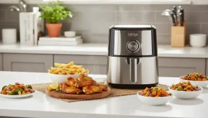 A Ninja Air Fryer on a bright kitchen counter