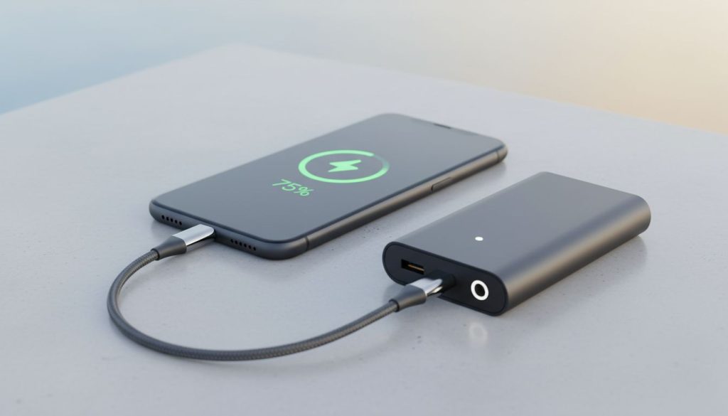 A clean 3D render of a smartphone connected to a power bank via a sleek cable.