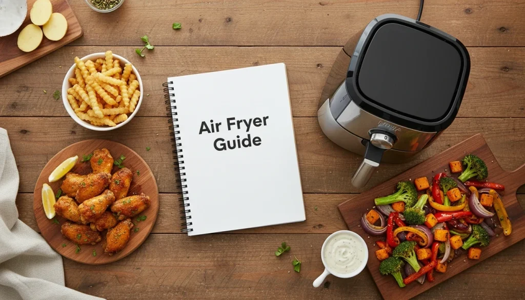 A cooking guide notebook surrounded by air-fried food