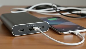 A portable power bank charger connected to a smartphone for convenient on-the-go charging