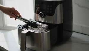 Air fryer basket lined with aluminum foil for cooking