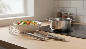 Balloon whisk and locking tongs on a kitchen counter