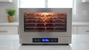 Best Dehydrator for Jerky – My Honest Guide & Top Picks There’s something incredibly satisfying about pulling out a tray of perfectly dried jerky. It’s chewy, flavorful, and keeps for weeks — assuming it lasts that long in my kitchen. After years of experimenting with different machines, I’ve learned that not all dehydrators handle jerky the same way. Some dry unevenly, some are too noisy, and a few make your whole house smell like a smokehouse (not necessarily a bad thing). In this guide, I’ll share my top dehydrators for jerky based on hands-on experience, what to look for before buying, and a few pro tips to make your jerky-making smoother. What You’ll Learn in This Guide How to choose a jerky-friendly dehydrator My tested and trusted models Handy tips for better flavor and texture Easy cleaning and maintenance ideas Common mistakes to avoid Quick Comparison: My Favorite Picks Dehydrator Best For Highlights Excalibur 3926TB Overall Performance Precise temperature control, 9 trays, durable build Nesco Snackmaster Pro Budget Option Compact, consistent drying, easy to use Cosori Premium Stainless Steel Modern Design Quiet motor, even airflow, digital settings Magic Mill Commercial Large Batches Metal trays, powerful fan, timer with auto shut-off Presto Dehydro Beginners Affordable, stackable, ideal for small batches (If you’re still exploring general food drying, you might like my Best Food Dehydrator – Honest Guide with My Top Picks .) What I Look for in a Jerky Dehydrator I’ve learned that the best dehydrator for jerky isn’t necessarily the biggest or most expensive. It’s about consistency and control. Temperature Range and Control Jerky needs to be dried at around 160°F (70°C) for meat safety and perfect chewiness. Models with adjustable thermostats make this easy. Anything without one? That’s a pass from me. Airflow and Heat Distribution Even airflow is a must. Jerky shouldn’t dry faster on one tray than another. Horizontal airflow designs (like Excalibur or Magic Mill) keep things balanced, while vertical ones (like Nesco) work fine for smaller batches. Capacity If you make jerky in bulk — say for camping trips or to survive Monday snack cravings — go for at least 6–9 trays. Compact stackable models are fine for casual use. Ease of Cleaning Jerky marinade tends to stick. Removable trays and nonstick mesh screens save your sanity. Dishwasher-safe parts? Even better. Noise Level Let’s be honest, some dehydrators sound like they’re prepping for takeoff. If you dehydrate overnight, quieter options like Cosori will save your sleep. My Top Picks for Making Jerky 1. Excalibur 3926TB – Best Overall If I had to keep only one machine, this would be it. The Excalibur 3926TB is large, reliable, and practically bulletproof. The rear-mounted fan ensures steady airflow across all trays, so every strip of meat dries evenly — even when I overload it (which happens often). It also comes with a 26-hour timer and adjustable thermostat, giving me total control. Yes, it takes up some counter space, but it’s worth every inch. Cleanup is straightforward thanks to the removable trays. Ideal for: Heavy users, hunters, or anyone serious about jerky-making. 2. Nesco Snackmaster Pro – Best Budget Option Don’t underestimate this one. The Nesco Snackmaster Pro is compact, affordable, and surprisingly efficient. Its top-mounted fan helps prevent drips from ruining the motor (a clever design choice). It doesn’t have a timer, which is mildly inconvenient, but I’ve learned to set my phone timer instead. For its price, the performance is fantastic. Ideal for: Beginners or anyone short on space and budget. 3. Cosori Premium Stainless Steel – Best Looking & Quiet This one combines style and substance. With stainless steel trays and digital controls, it feels modern yet user-friendly. The airflow system is whisper-quiet — I can dehydrate overnight without waking the entire house. The automatic shut-off gives peace of mind too. I also appreciate the transparent glass door, which lets me peek at the jerky without opening it (and losing heat). Ideal for: Apartment dwellers or night-time dehydrators. 4. Magic Mill Commercial – Best for Large Batches This dehydrator means business. The Magic Mill Commercial model is sturdy, with stainless steel trays and a rear fan for even drying. It’s perfect when I’m prepping jerky for a crowd or stocking up before a long trip. It comes with a digital thermostat and timer, both accurate, plus overheating protection — something I didn’t know I needed until I left one running overnight. Ideal for: Big families or bulk jerky production. 5. Presto Dehydro – Best for Beginners If you’re just getting started, Presto’s Dehydro is the friendly face of food dehydration. It’s lightweight, stackable, and easy to store. The drying consistency surprised me for the price. It doesn’t have temperature precision like the Excalibur, but for simple beef or turkey jerky, it does a fine job. Plus, it’s a good way to test if jerky-making is your thing before investing in pricier gear. Ideal for: Beginners or light users. Pro Tips for Making Better Jerky Over the years, I’ve learned that the dehydrator is only half the equation. The rest comes down to technique — and a little patience. 1. Trim the Fat Fat goes rancid quickly, so always trim your meat well before slicing. Lean cuts like top round or flank steak are perfect. 2. Marinate for Flavor A good marinade does wonders. I like to mix soy sauce, brown sugar, garlic, and a pinch of chili flakes. Let it soak for at least 6 hours. 3. Slice Consistently Uneven slices lead to uneven drying. If you struggle with knife precision, freeze the meat for an hour — it slices cleaner. 4. Don’t Rush the Drying Jerky isn’t meant to be fast food. Depending on your machine, it can take 4–10 hours. It’s done when it bends but doesn’t snap. 5. Store It Right Once it cools, seal it in airtight containers or vacuum bags. I store mine in glass jars in a cool spot — it looks nice too. Cleaning and Maintenance Tips Cleaning is the least fun part, but it keeps your dehydrator working longer. Here’s what I do: Wipe trays while still warm — easier to remove residue. Use mild soap and warm water, not harsh chemicals. Avoid soaking electrical parts. Run an empty cycle occasionally to eliminate lingering smells. If you enjoy kitchen gear care guides, you might like my knife set guide — it pairs nicely with jerky prep. (You can check it out in my blog section.) Fun Things to Dehydrate Beyond Jerky Once you start drying meat, you’ll probably want to experiment. I did — and now my dehydrator runs almost weekly. Try these ideas: Apple chips: thin, crisp, and naturally sweet. Herbs: dry basil, mint, and oregano for easy seasoning. Fruit leather: perfect for kids or hikes. Veggie chips: zucchini and beet slices work great. The same machines that make great jerky handle these effortlessly. FAQs I Get All the Time Is a dehydrator better than an oven for jerky? Yes — dehydrators offer consistent, low heat that dries meat evenly without cooking it. Ovens work in a pinch, but they often run too hot. How long does homemade jerky last? Stored properly, it keeps for up to 1–2 months at room temperature, longer in the fridge. Can I dehydrate chicken or fish? You can, but handle them carefully and use proper temperatures (165°F minimum). Beef and venison are still the easiest. My Final Thoughts Finding the best dehydrator for jerky took me some trial and error — and a few questionable batches. But once I understood how airflow, temperature, and patience come together, the process became second nature. If you’re just starting, go simple with the Nesco or Presto. If you’re ready to make jerky a weekend tradition, invest in the Excalibur or Magic Mill. Either way, it’s worth it — nothing beats homemade jerky you made yourself. (Want to explore more versatile options? Check out my full Best Food Dehydrator Guide for broader recommendations.)