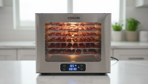 Best Dehydrator for Jerky – My Honest Guide & Top Picks There’s something incredibly satisfying about pulling out a tray of perfectly dried jerky. It’s chewy, flavorful, and keeps for weeks — assuming it lasts that long in my kitchen. After years of experimenting with different machines, I’ve learned that not all dehydrators handle jerky the same way. Some dry unevenly, some are too noisy, and a few make your whole house smell like a smokehouse (not necessarily a bad thing). In this guide, I’ll share my top dehydrators for jerky based on hands-on experience, what to look for before buying, and a few pro tips to make your jerky-making smoother. What You’ll Learn in This Guide How to choose a jerky-friendly dehydrator My tested and trusted models Handy tips for better flavor and texture Easy cleaning and maintenance ideas Common mistakes to avoid Quick Comparison: My Favorite Picks Dehydrator Best For Highlights Excalibur 3926TB Overall Performance Precise temperature control, 9 trays, durable build Nesco Snackmaster Pro Budget Option Compact, consistent drying, easy to use Cosori Premium Stainless Steel Modern Design Quiet motor, even airflow, digital settings Magic Mill Commercial Large Batches Metal trays, powerful fan, timer with auto shut-off Presto Dehydro Beginners Affordable, stackable, ideal for small batches (If you’re still exploring general food drying, you might like my Best Food Dehydrator – Honest Guide with My Top Picks .) What I Look for in a Jerky Dehydrator I’ve learned that the best dehydrator for jerky isn’t necessarily the biggest or most expensive. It’s about consistency and control. Temperature Range and Control Jerky needs to be dried at around 160°F (70°C) for meat safety and perfect chewiness. Models with adjustable thermostats make this easy. Anything without one? That’s a pass from me. Airflow and Heat Distribution Even airflow is a must. Jerky shouldn’t dry faster on one tray than another. Horizontal airflow designs (like Excalibur or Magic Mill) keep things balanced, while vertical ones (like Nesco) work fine for smaller batches. Capacity If you make jerky in bulk — say for camping trips or to survive Monday snack cravings — go for at least 6–9 trays. Compact stackable models are fine for casual use. Ease of Cleaning Jerky marinade tends to stick. Removable trays and nonstick mesh screens save your sanity. Dishwasher-safe parts? Even better. Noise Level Let’s be honest, some dehydrators sound like they’re prepping for takeoff. If you dehydrate overnight, quieter options like Cosori will save your sleep. My Top Picks for Making Jerky 1. Excalibur 3926TB – Best Overall If I had to keep only one machine, this would be it. The Excalibur 3926TB is large, reliable, and practically bulletproof. The rear-mounted fan ensures steady airflow across all trays, so every strip of meat dries evenly — even when I overload it (which happens often). It also comes with a 26-hour timer and adjustable thermostat, giving me total control. Yes, it takes up some counter space, but it’s worth every inch. Cleanup is straightforward thanks to the removable trays. Ideal for: Heavy users, hunters, or anyone serious about jerky-making. 2. Nesco Snackmaster Pro – Best Budget Option Don’t underestimate this one. The Nesco Snackmaster Pro is compact, affordable, and surprisingly efficient. Its top-mounted fan helps prevent drips from ruining the motor (a clever design choice). It doesn’t have a timer, which is mildly inconvenient, but I’ve learned to set my phone timer instead. For its price, the performance is fantastic. Ideal for: Beginners or anyone short on space and budget. 3. Cosori Premium Stainless Steel – Best Looking & Quiet This one combines style and substance. With stainless steel trays and digital controls, it feels modern yet user-friendly. The airflow system is whisper-quiet — I can dehydrate overnight without waking the entire house. The automatic shut-off gives peace of mind too. I also appreciate the transparent glass door, which lets me peek at the jerky without opening it (and losing heat). Ideal for: Apartment dwellers or night-time dehydrators. 4. Magic Mill Commercial – Best for Large Batches This dehydrator means business. The Magic Mill Commercial model is sturdy, with stainless steel trays and a rear fan for even drying. It’s perfect when I’m prepping jerky for a crowd or stocking up before a long trip. It comes with a digital thermostat and timer, both accurate, plus overheating protection — something I didn’t know I needed until I left one running overnight. Ideal for: Big families or bulk jerky production. 5. Presto Dehydro – Best for Beginners If you’re just getting started, Presto’s Dehydro is the friendly face of food dehydration. It’s lightweight, stackable, and easy to store. The drying consistency surprised me for the price. It doesn’t have temperature precision like the Excalibur, but for simple beef or turkey jerky, it does a fine job. Plus, it’s a good way to test if jerky-making is your thing before investing in pricier gear. Ideal for: Beginners or light users. Pro Tips for Making Better Jerky Over the years, I’ve learned that the dehydrator is only half the equation. The rest comes down to technique — and a little patience. 1. Trim the Fat Fat goes rancid quickly, so always trim your meat well before slicing. Lean cuts like top round or flank steak are perfect. 2. Marinate for Flavor A good marinade does wonders. I like to mix soy sauce, brown sugar, garlic, and a pinch of chili flakes. Let it soak for at least 6 hours. 3. Slice Consistently Uneven slices lead to uneven drying. If you struggle with knife precision, freeze the meat for an hour — it slices cleaner. 4. Don’t Rush the Drying Jerky isn’t meant to be fast food. Depending on your machine, it can take 4–10 hours. It’s done when it bends but doesn’t snap. 5. Store It Right Once it cools, seal it in airtight containers or vacuum bags. I store mine in glass jars in a cool spot — it looks nice too. Cleaning and Maintenance Tips Cleaning is the least fun part, but it keeps your dehydrator working longer. Here’s what I do: Wipe trays while still warm — easier to remove residue. Use mild soap and warm water, not harsh chemicals. Avoid soaking electrical parts. Run an empty cycle occasionally to eliminate lingering smells. If you enjoy kitchen gear care guides, you might like my knife set guide — it pairs nicely with jerky prep. (You can check it out in my blog section.) Fun Things to Dehydrate Beyond Jerky Once you start drying meat, you’ll probably want to experiment. I did — and now my dehydrator runs almost weekly. Try these ideas: Apple chips: thin, crisp, and naturally sweet. Herbs: dry basil, mint, and oregano for easy seasoning. Fruit leather: perfect for kids or hikes. Veggie chips: zucchini and beet slices work great. The same machines that make great jerky handle these effortlessly. FAQs I Get All the Time Is a dehydrator better than an oven for jerky? Yes — dehydrators offer consistent, low heat that dries meat evenly without cooking it. Ovens work in a pinch, but they often run too hot. How long does homemade jerky last? Stored properly, it keeps for up to 1–2 months at room temperature, longer in the fridge. Can I dehydrate chicken or fish? You can, but handle them carefully and use proper temperatures (165°F minimum). Beef and venison are still the easiest. My Final Thoughts Finding the best dehydrator for jerky took me some trial and error — and a few questionable batches. But once I understood how airflow, temperature, and patience come together, the process became second nature. If you’re just starting, go simple with the Nesco or Presto. If you’re ready to make jerky a weekend tradition, invest in the Excalibur or Magic Mill. Either way, it’s worth it — nothing beats homemade jerky you made yourself. (Want to explore more versatile options? Check out my full Best Food Dehydrator Guide for broader recommendations.)