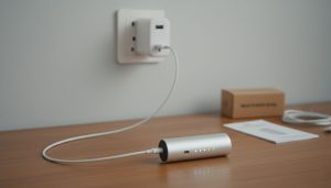 Charging a new power bank with the correct cable and wall adapter.