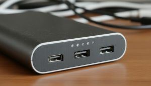 Close-up view of power bank input and output ports with LED battery indicators