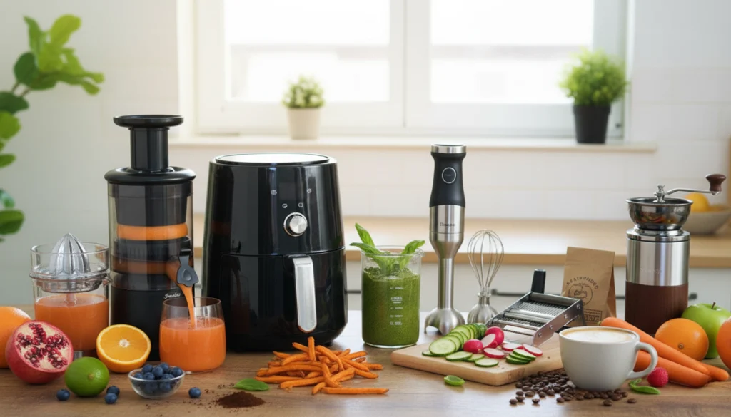 Essential cooking tools for kitchen arranged neatly on countertop
