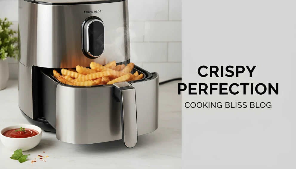 Crispy golden fries cooking in a modern air fryer on a kitchen counter