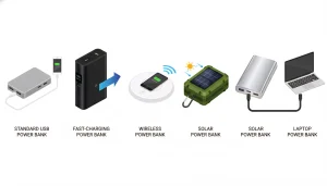 Different types of power banks including standard, fast-charging, wireless, solar, and laptop