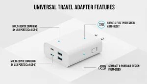 Features to look for in a universal travel adapter infographic