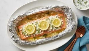Fish wrapped in aluminum foil with lemon slices
