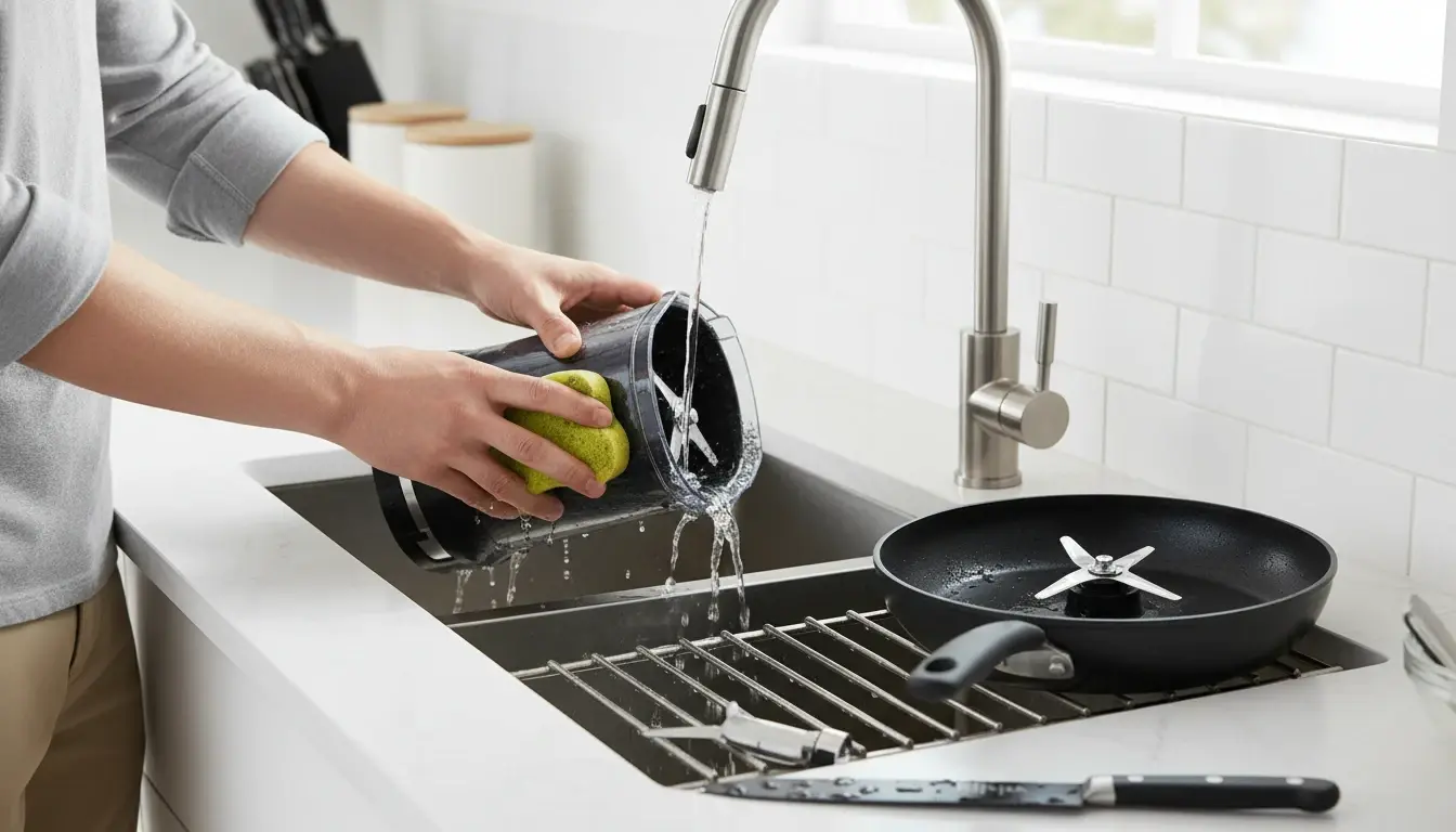 Hands cleaning blender parts and nonstick pans with a sponge