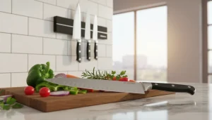 High-quality chef knife on a cutting board with chopped vegetables, showing Amazon kitchen utensils in use.
