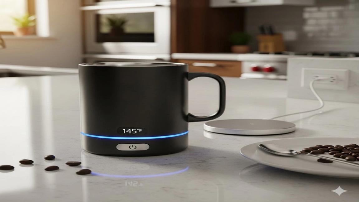Smart temperature control coffee mug on kitchen counter