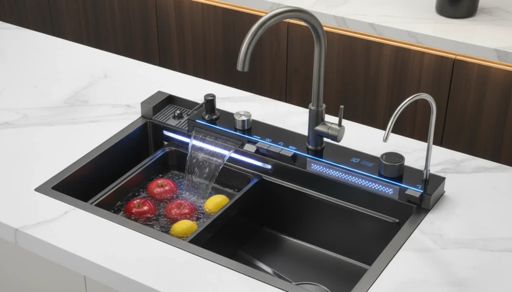 Kitchen sink gadgets for organizing and cleaning area