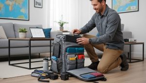 Man packing smart travel gear