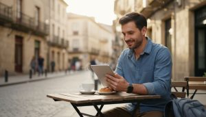 Man using tablet while traveling abroad