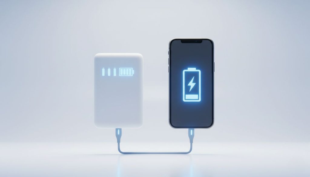 Minimalistic 3D render of a power bank charging a phone, with glowing battery symbols.