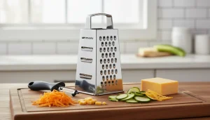Multi-sided grater and peeler with vegetables and cheese,