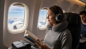 Noise-cancelling headphones used during airplane