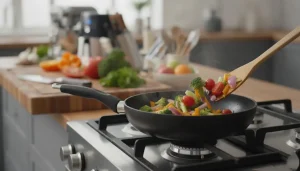 Non-Stick Pan Cooking Vegetables on Stove