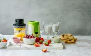 Blender blades mixing colorful fruit smoothie