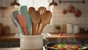 Silicone spatulas and wooden spoons in a utensil holder