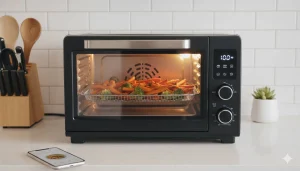 Smart toaster oven baking bread with app-controlled settings