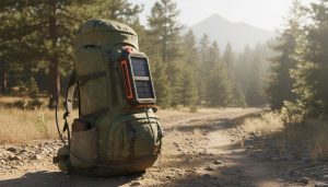 Solar charger on a backpack absorbing sunlight