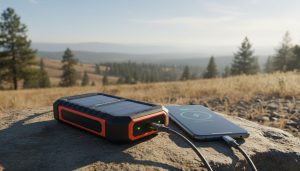 Solar power bank charging a smartphone