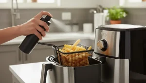 Spraying light oil over fries before cooking