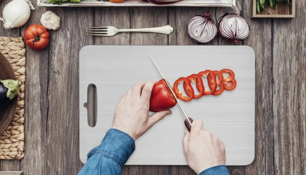 Titanium cutting board in modern kitchen setting showing durability and sleek design