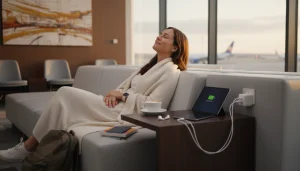 Traveler charging devices with a universal adapter at airport lounge