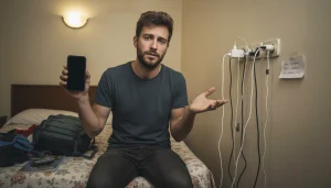 Traveler confused by foreign wall sockets while trying to charge phone