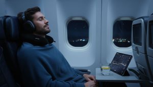 Traveler relaxing with noise-canceling headphones