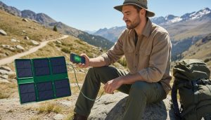 Traveler using a solar-powered, eco-friendly portable charger outdoors during a trip