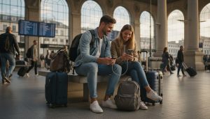 Travelers using a power bank
