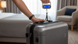Traveller checking suitcase