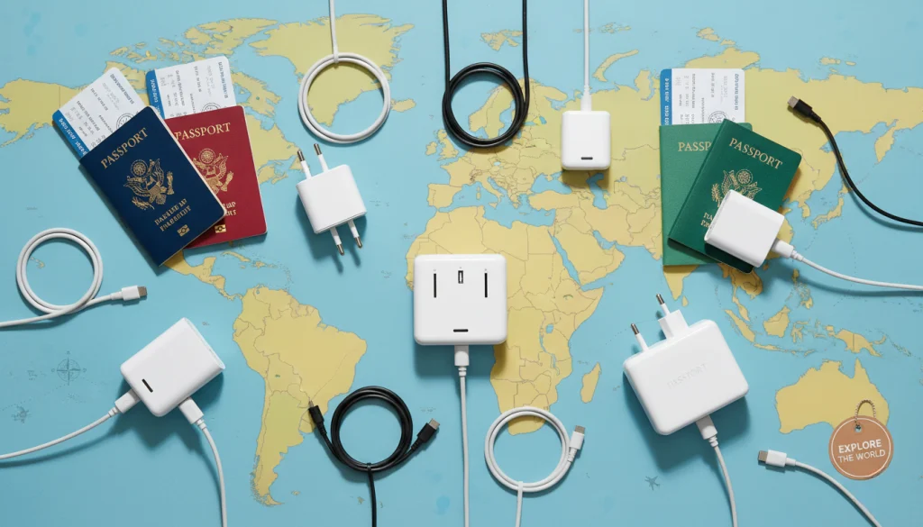 Universal travel adapters with world map and passport for international trips