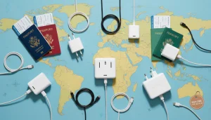 Universal travel adapters with world map and passport for international trips