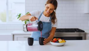 Using a blender to prepare a healthy smoothie at home