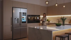 Modern smart kitchen with connected appliances and voice assistant