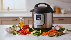 Instant Pot on kitchen counter with vegetables
