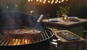 Wireless meat thermometer measuring steak temperature on grill
