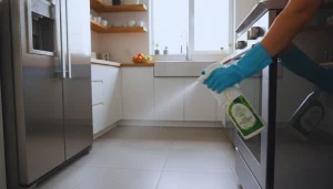Person cleaning kitchen appliances with eco-friendly products