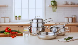 steel cookware set on kitchen counter
